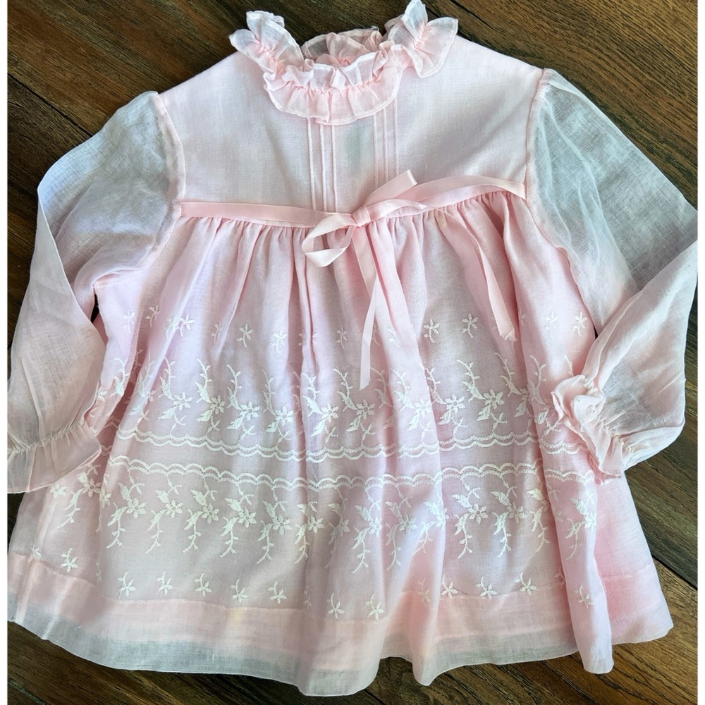 Haddad Brothers Size 24 Months Pink Embroidered Dress Sheer Long Sleeves VTG